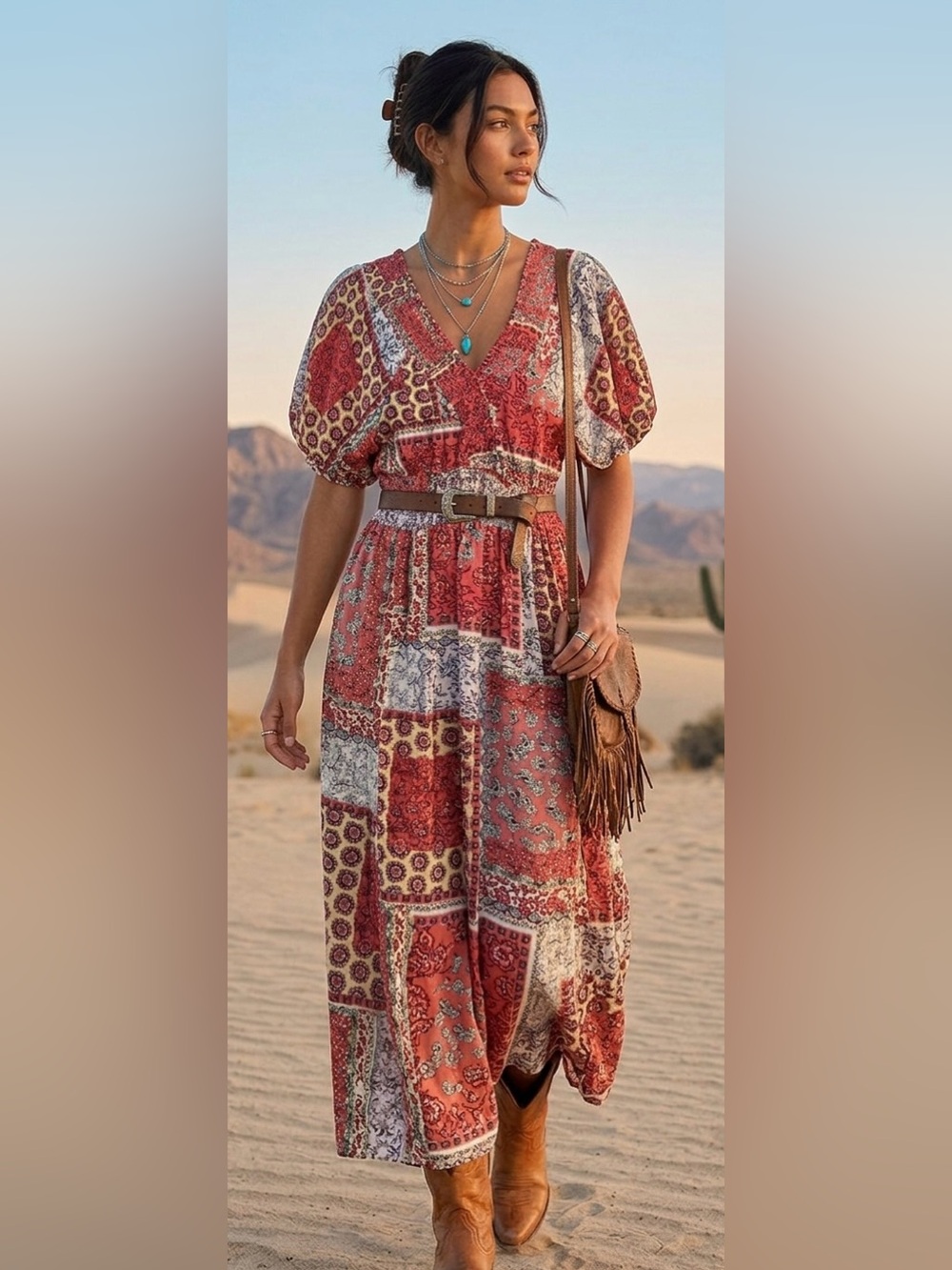 Girls soul rayon dress Red Patchwork V-Neck Midi Dress v neck boho gypsy western
